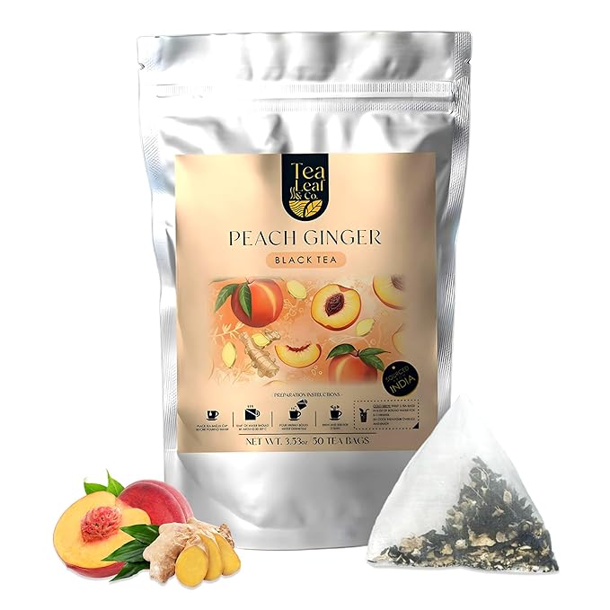 Tealeaf & Co. Peach Ginger Tea Blended with Organic Spices - Organic Black Tea Bags with Ginger & Peach Flavor - Flavored Blend with Low Caffeine - Gluten Free - 50 Teabags - Bloomnest