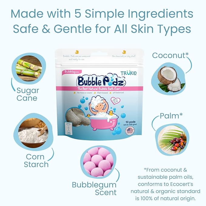 TruKid Bubble Podz Bubble Bath for Kids, Toddlers, & Babies, Tear Free Gentle & Refreshing Bath Bomb for Sensitive Skin with Natural Moisturizers, Non-Toxic, pH Balanced, Bubble Gum Scent (60 Podz) - Bloomnest