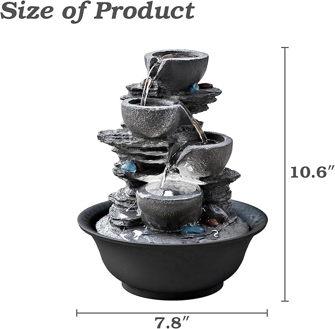 10.6inch Tabletop Fountain, Indoor Waterfall Fountains with LED Light, Realistic Rock Design for Soothing Ambiance in Bedrooms, Living Rooms, Offices, or Meditation Spaces - Bloomnest