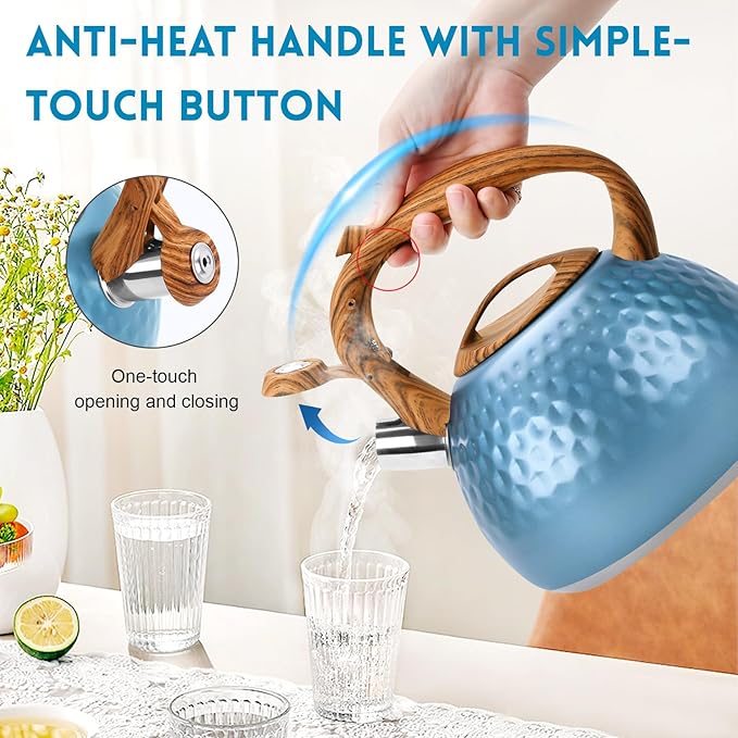 GGC Tea Kettle for Stove Top, Loud Whistling Kettle for Boiling Water Coffee or Milk, 3.1 Quart 3L Heavy Stainless Steel Blue Kettle with Wood Pattern Handle, Unique Button Control Kettle Outlet - Bloomnest