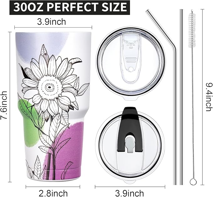 30 oz Tumbler with Lids and Straws Double Wall Insulated Tumbler Cup,Stainless Steel Leak-proof Thermal Coffee Tumbler Powder Coated Travel Mug for Cold and Hot Beverages,Sunflower - Bloomnest