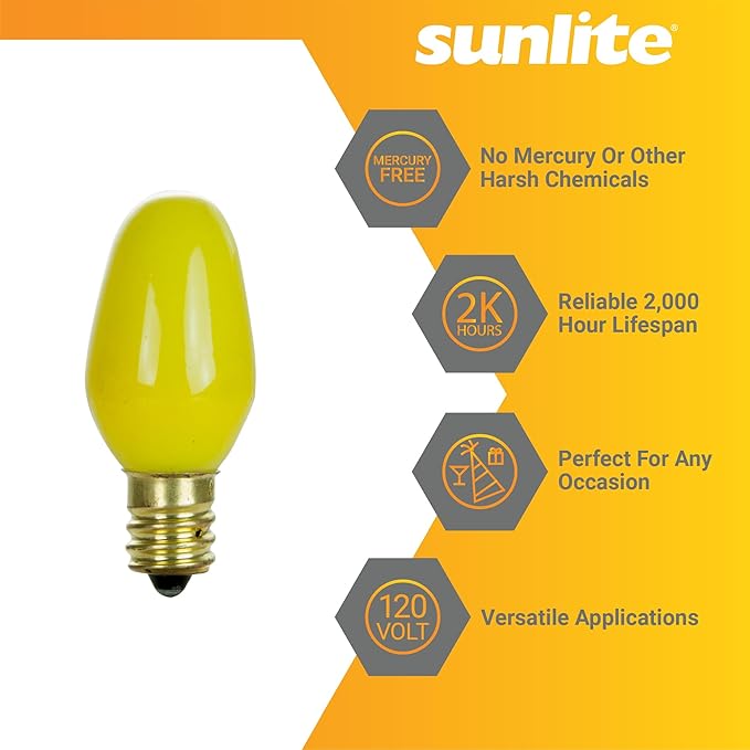 Sunlite 01061 7C7 Incandescent Bulb, 7 Watt, Candelabra E12 Base, C7 Small Night Light, Colored Bulb, Yellow, 12 Count - Bloomnest