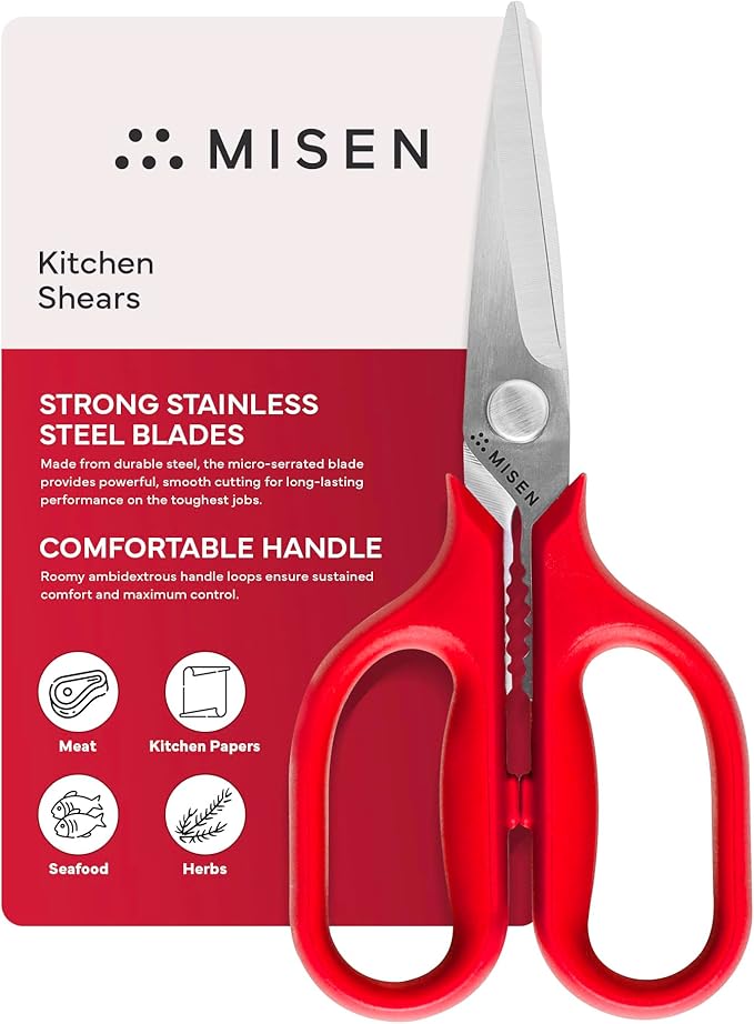 Misen Heavy Duty Kitchen Shears - Comfortable Ambidextrous Scissors for Meat, Poultry, Herbs & More - Easy to Clean - German Stainless Steel - Small | Red - Bloomnest
