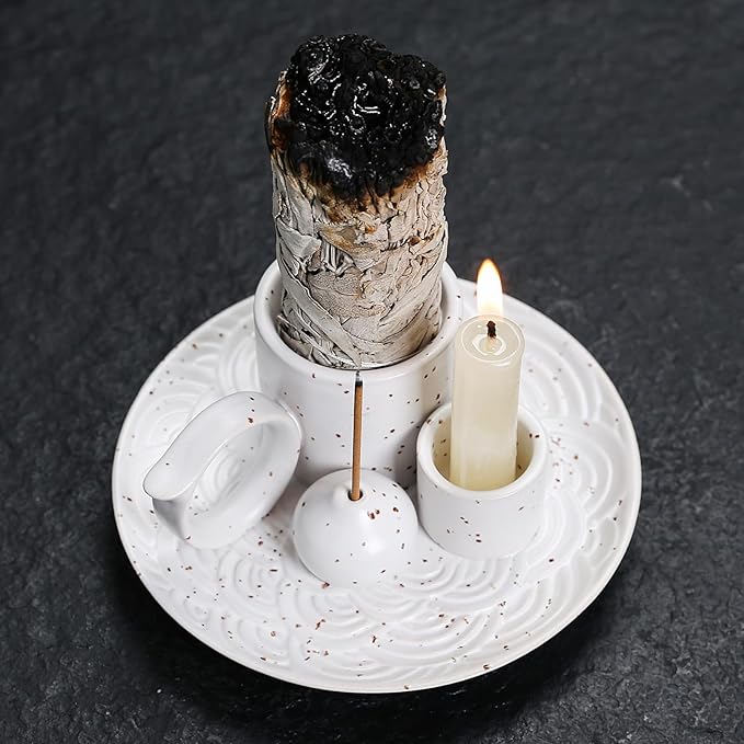 4 in 1 Ceramic Incense Burner Holder with Handle for Burning Sage, Palo Santo Stick, Joss Sticks, Candle in Your New House, Office, Yoga, Meditation Room (White) - Bloomnest