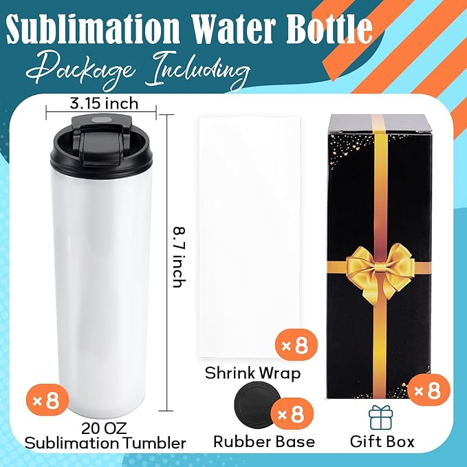 Joyclub 8 Pack Sublimation Water Bottle Blanks Dual Opening 20 oz Sublimation Tumblers with Leakproof Lid and Straw Insulated Stainless Steel Sports Cups - Bloomnest