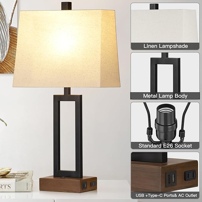 Table Lamp for Bedroom Set of 2 with 2 USB Ports and AC Power Outlet, 23.5" Modern Bedside Lamp, Wood Nightstand Lamp with Linen Shade for Living Room Hotel Desk(LED Bulb Included) - Bloomnest