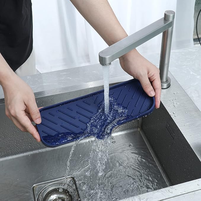 Silicone Bathroom Soap Dishes with Drain Spout-Kitchen Sink Organizer,Sponge Holder,Dish Soap Tray,Perfect for Dispenser,Scrubber,Bottle,Cup on Sink or Counter-Navy Blue 12"×4" - Bloomnest