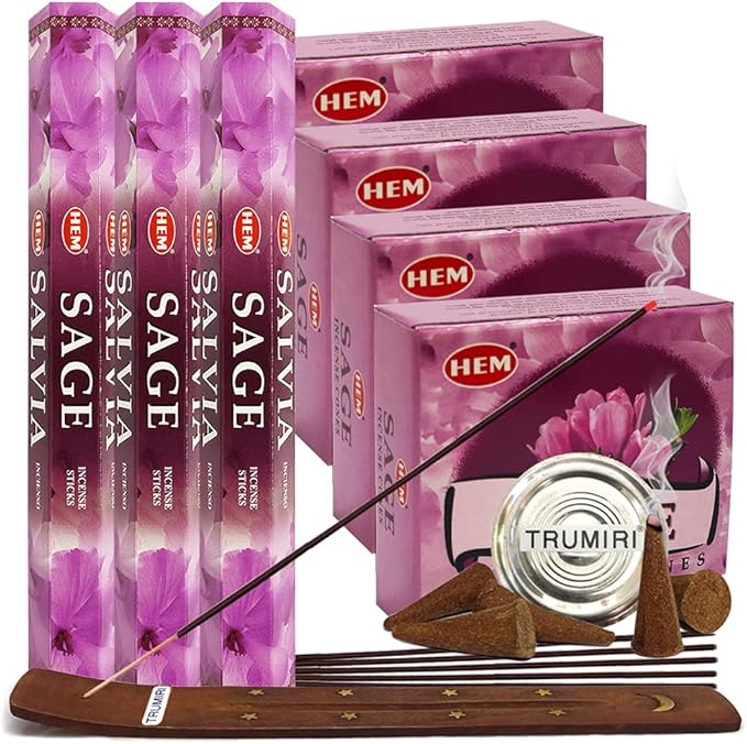 Sage Incense Sticks and Cone Incense Holder Variety Pack Bundle insence insense insienso TRUMIRI
