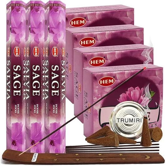 Sage Incense Sticks and Cone Incense Holder Variety Pack Bundle insence insense insienso TRUMIRI