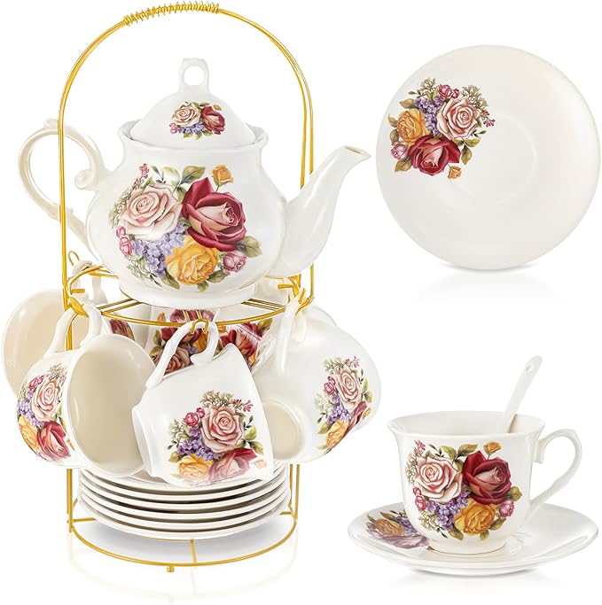 Zhehao 20 Pcs Porcelain Tea Set with Metal Holder and Spoon Adult Ceramic Tea Set European Flower Painting Teapot Cup Saucer Spoon for Women, Large Version(Styleish Style) - Bloomnest