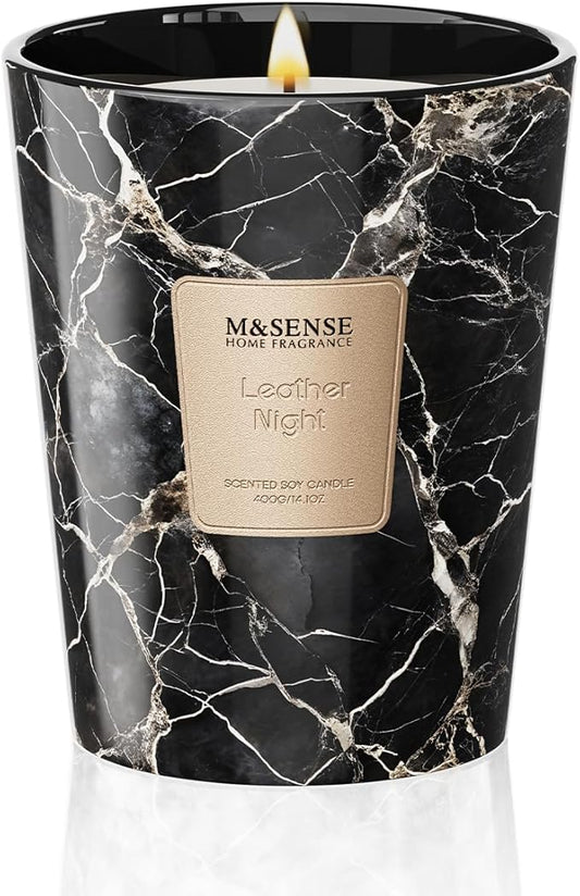 M&SENSE LeatherNight Scented Candles for Home, Lead-Free Wick Highly Scented Jar Candles, 14.1 Oz 80 Hours Lasting Burning Candles Gifts for Women, Relaxing Aromatherapy Candle for Stress Relief - Bloomnest