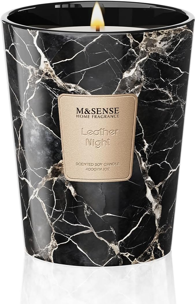 M&SENSE LeatherNight Scented Candles for Home, Lead-Free Wick Highly Scented Jar Candles, 14.1 Oz 80 Hours Lasting Burning Candles Gifts for Women, Relaxing Aromatherapy Candle for Stress Relief - Bloomnest