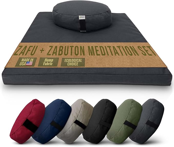Meditation Cushion Mat Set HEMP - Oval Zafu Floor Pillow Organic Buckwheat Pillow + Cotton Filled HEMP Zabuton Prayer Pad - Meditation Pillow Yoga Knee Pad - Made in USA - 18" Oval, SHADOW GRAY Hemp - Bloomnest