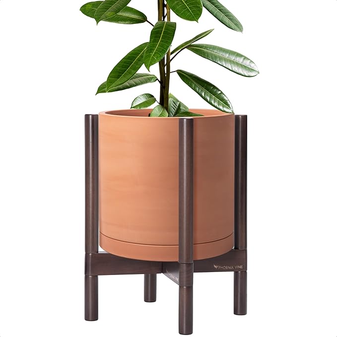 D'vine Dev Terracotta Planter with Walnut Color Stand - 12 Inch Modern Round Flower Pot with Wood Planter Holder, Terracotta, 55-B-W-5 - Bloomnest