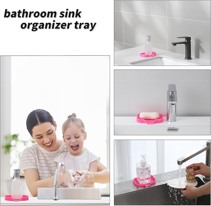 Silicone Bathroom Soap Dishes with Drain Spout-Bathroom and Kitchen Sink Organizer,Sponge Holder,Dish Soap Tray,Perfect for Dispenser,Scrubber,Bottle,Cup on Sink or Counter-Rose 4.9"×3.2" - Bloomnest