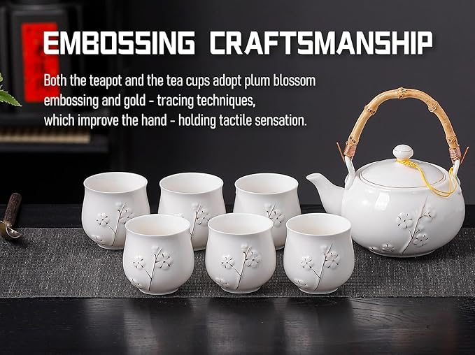 Japanese Tea Set, White Porcelain tea set with 1 Teapot(23 oz/660ml), 6 Tea cups(5.3 oz/150ml), 1 Tea Tray, Golden plum blossom relief, Asian tea sets for adults (Golden plum-White) - Bloomnest