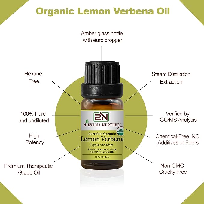 Lemon Verbena Essential Oil, USDA Certified Organic, 100% Pure Undiluted, Aromatherapy Oil for Diffuser, Hair & Skin Care