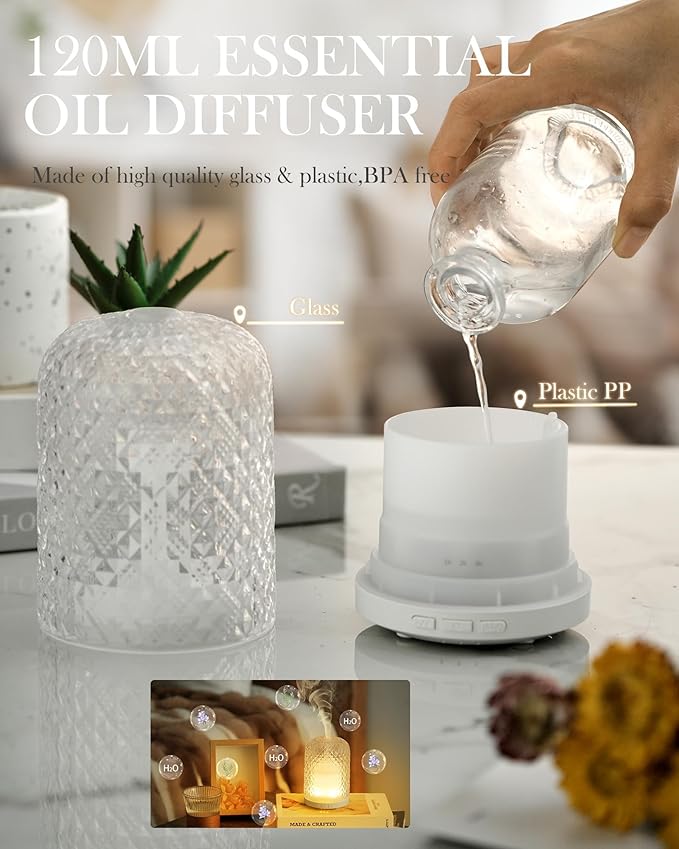Essential Oil Diffuser – 2.4MHz Ultrasonic Aromatherapy Diffuser, Health Night Light, Timer & Auto Shut-Off, BPA-Free, 120ml Glass Oil Diffuser for Home, Office, Spa, Yoga - Bloomnest