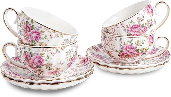 Tea Cup and Saucers, 6.4oz Floral Tea Cups with Gold Trim, Porcelain Teacup, Coffee Cappuccino Espresso Latte Mugs for Party Birthday,Party Cafe Home, Christmas Gift (White) - Bloomnest