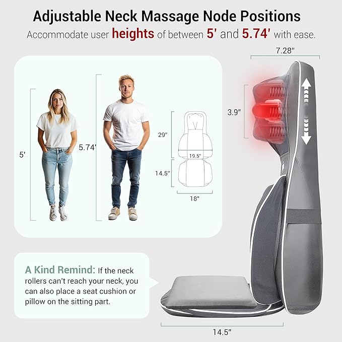 Mynt 2D & 3D Shiatsu Neck and Back Massager for Chair with 10 Deep Kneading Nodes, Adjustable Back Massage with Heat, Portable Massage Chair Pad (Gray) - Bloomnest