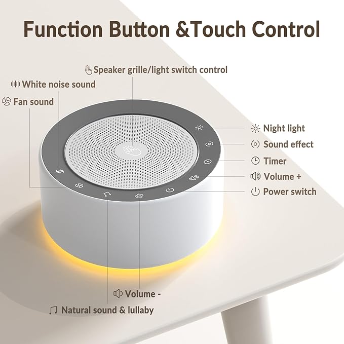 Kipcush White Noise Sound Machine with Nursery Lamp, Mood Lighting, 7 Colour Night Light, 30 Soothing Sounds for Baby/Adult. Timer, Plug in, Memory Function, Touch Control - Bloomnest