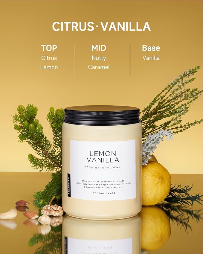 M&SENSE Candles Lemon Vanilla Scented, 19.4oz 110 Hours Long Lasting for Home 2 Wick Natural Soy Wax Non Toxic Candles in Glass Jar, Stress Relief Gifts for Women and Men - Bloomnest