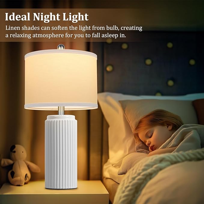 TOBUSA 23.5’’ Modern White Ceramic Lamps Set of 2, Living Room Retro Side Table Lamps, Farmhouse Bedside Nightstand White Lamps for Bedroom with Linen Shade, Elegant Decor Lamp Sets for Home Office - Bloomnest