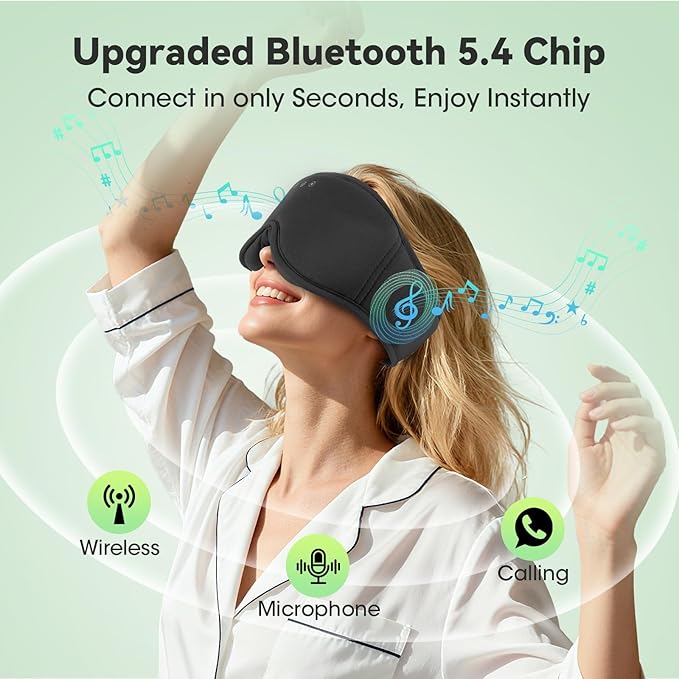 3D Bamboo Cotton Sleep Mask with Bluetooth 5.4 Headphone, Music Wireless Bluetooth Blackout Eye Mask for Side Sleepers, Earphones HD Speaker Microphone for Travel, Gifts for Women Men, Black - Bloomnest