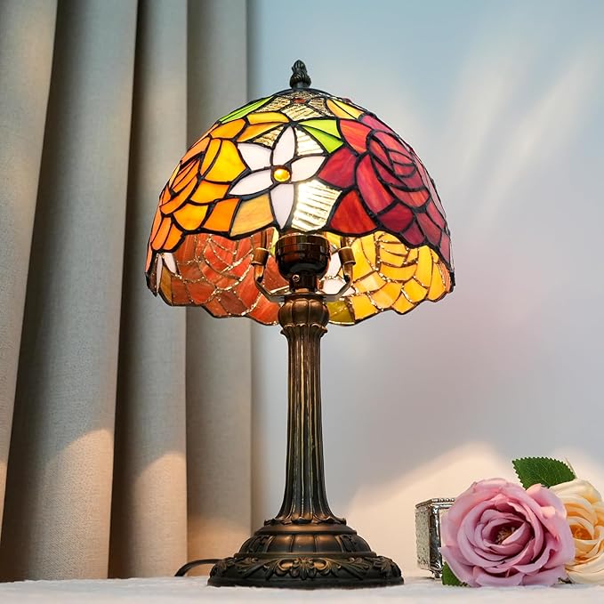 8 Inch Tiffany Stained Glass Lamp, Red And Orange Rose Flower Design, Victorian Vintage Style Bedside Lamp, Suitable For Bedroom Dining Room Office Hotel And Other Home Decoration (Gorgeous Rose) - Bloomnest