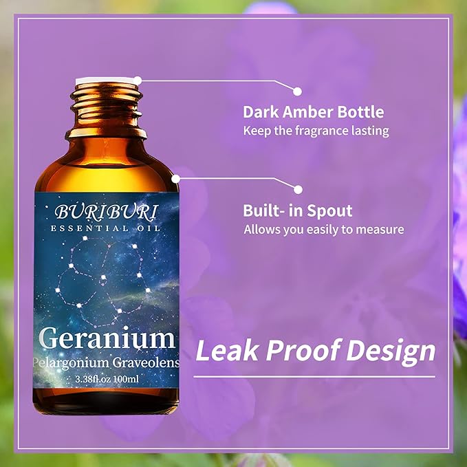 BURIBURI 100ML Geranium Essential Oil, 100% Pure Undiluted Aromatherapy Geranium Oil 3.38fl.oz for Soap, Candle Making, Massage, Diffuser, Humidifier BURIBURI