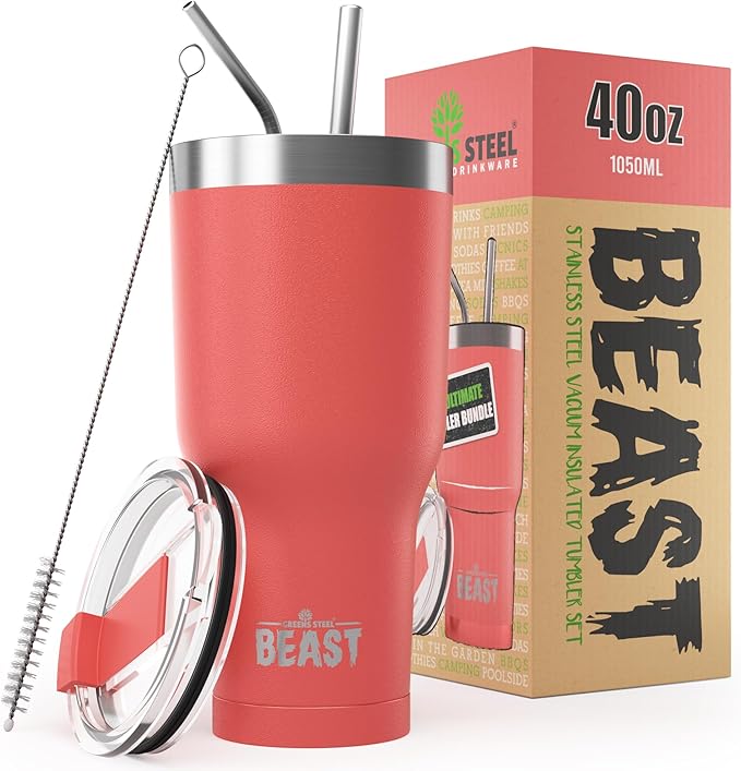 Beast 40 oz Tumbler Stainless Steel Vacuum Insulated Coffee Ice Cup Double Wall Travel Flask (Coral Pink) - Bloomnest