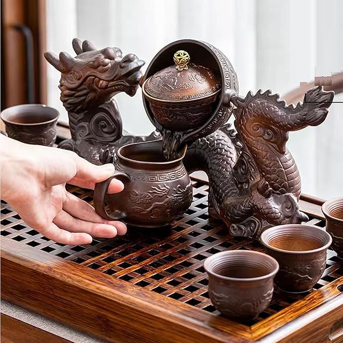 Chinese Gongfu Tea Set Gift Box, Chinese Dragon Shape, Pure Hand Firing, with 360Rotating Teapot and Infuser, Suitable for Office, Home, Gift (Dragon Legend)