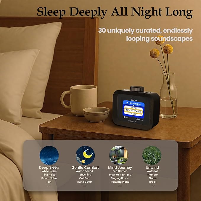 Dekala AuraDot White Noise Sound Machine for Sleep Temperature Humidity Monitor, 30 Non-Loop Soothing Sounds, Timer/Play All Night, Animationed Sleep Screen, 7-Day Programmable 4 Alarm Clock Black