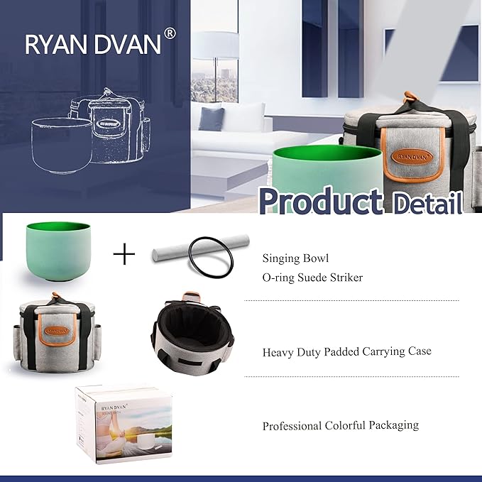 RYAN DVAN 432 hz 8” F Note Green Frosted Heart Chakra Crystal Singing Bowl with Free Heavy-Duty Carrying Case and Suede Striker O-Ring - Bloomnest