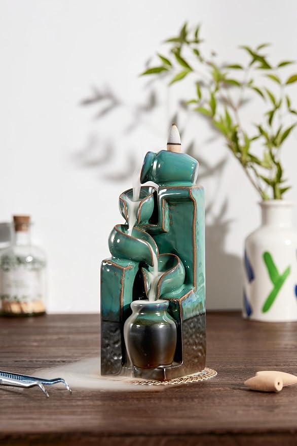 Unique Cascading Basins Ceramic Waterfall Incense Holder, Paired with a Pack of Backflow Incense Cones. (Blue) - Bloomnest