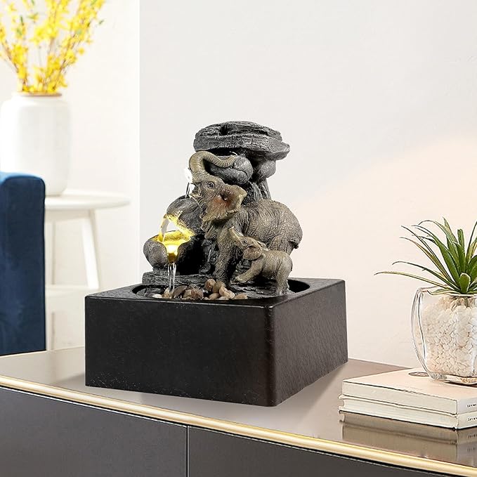 BEAMNOVA Tabletop Fountain,3 Tiered Elephant & Baby Elephant Indoor Fountains,with LED Light Water Feature for Home Office Décor