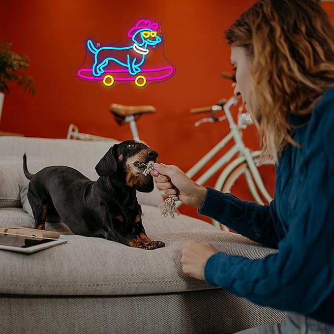 Lucunstar Dachshund Neon Sign Skateboard Dog Neon Light up Sign USB Adjustable Neon Lights Art Wall Decor LED Sign for Bedroom Shop Pet Lovers Gift - Bloomnest