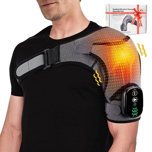 Cordless Portable Shoulder Heating Pad & Massager, Heating Vibration Shoulder Brace for Pain Relief, Rotator Cuff Support for Men & Women, Black&Grey - Bloomnest