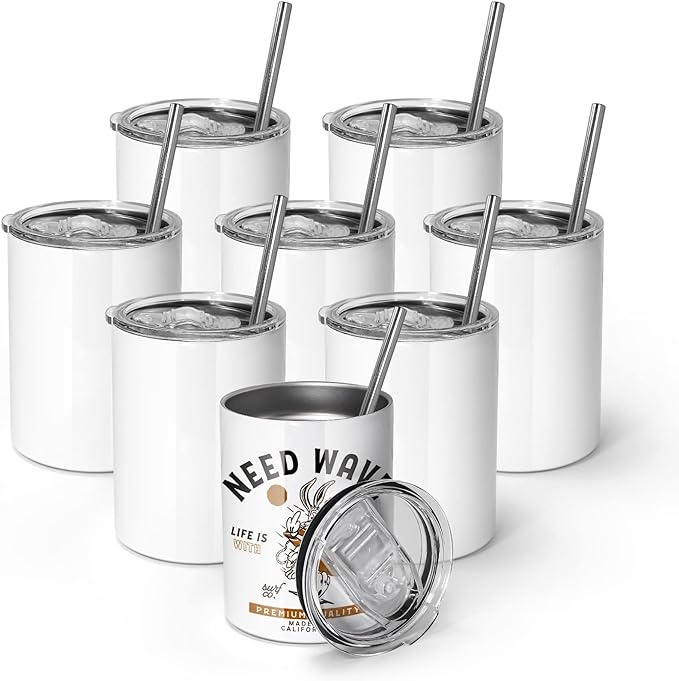 AGH 10OZ Sublimation Wine Tumblers Blanks, 8 Pack Straight Stainless Steel Tumblers with Lids and Straw, Sublimation Coffee Cups Mugs for Hot & Cold Drinks - Bloomnest