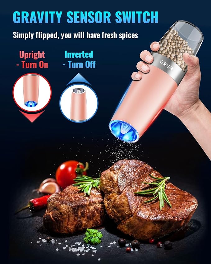 XinXu Gravity Electric Pepper and Salt Grinder Set, Adjustable Coarseness, with LED Light, One Hand Automatic Operation (Set/Coral X) - Bloomnest