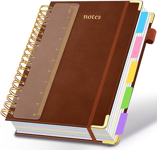 Hardcover Spiral Notebook 8.5"x11" Journal Notebook with Tabs and Removable Dividers 300 Pages 5 Subject Notebook College Ruled, Faux Leather Spiral Bound Notebook for Women School Work (Brown) - Bloomnest