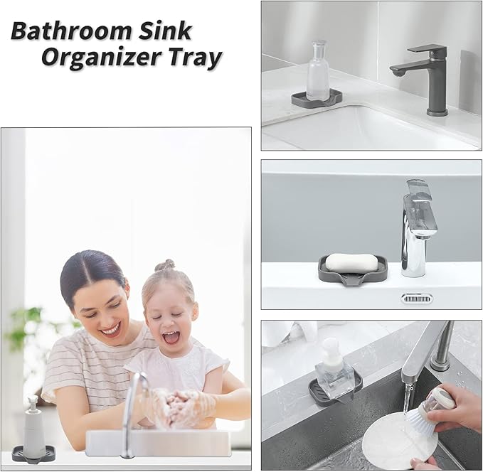 Silicone Bathroom Soap Dishes with Drain Spout-Bathroom and Kitchen Sink Organizer,Sponge Holder,Dish Soap Tray,Perfect for Dispenser,Scrubber,Bottle,Cup on Sink or Counter-Grey 4.9"×3.2" - Bloomnest