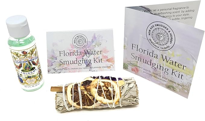 New Age Smudges & Herbs-White Sage Mix w/Lavender, Lemon Slice & Palo Santo Sage 4 inch Incense Smudge Bundle w/Florida Water 2oz Bottle- Cleansing Sage Incense & Water, Smudging Rituals. (FW-KIT-01) NewAgeImportsInc