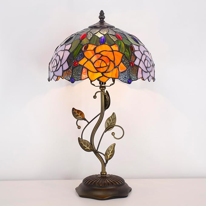 Tiffany Lamp Orange Red Rose Flower Stained Glass Table Lamp Desk Bedside Reading Light 12X12X19 Inches with Metal Leaf Base Decor Bedroom Living Room - Bloomnest