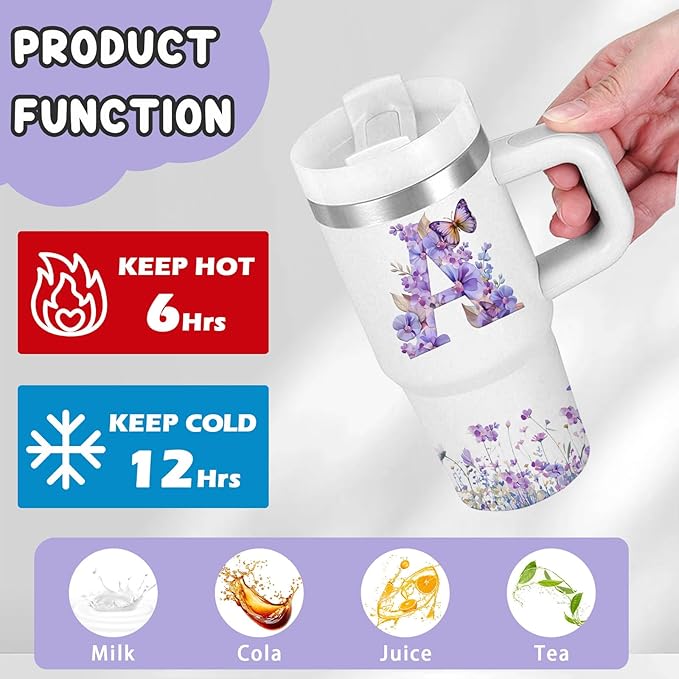 Letter A Tumbler Gifts, 14oz Letter A Themed Tumbler with Handle and Straw, Stainless Steel Double Wall Vacuum Insulated Cup Keep Hot Cold - 14oz Travel Mug with Lid Tumblers for Home Work Outdoor Use - Bloomnest