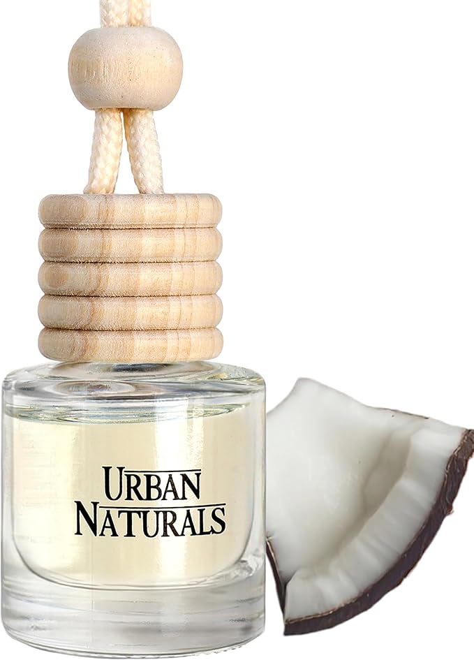 Urban Naturals Car Air Freshener Diffuser 1 Pack - Mahogany Coconut Scent, 45+ Days Long Lasting Fragrance, Made in USA, Glass & Wood, Hanging Design + Vent Cip, Easy to Use - Bloomnest