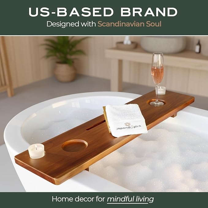 Grand Fjord | Teak Bathtub Tray for Large Soaking Tub | Extra Long 35” Luxury Bath Caddy for Freestanding Tubs | Minimalist Wooden Tub Tray with Candle Holders & Premium Towel by JapandiSpirit - Bloomnest