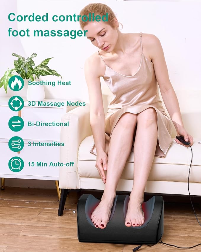Foot Massager with Heat and Foot Massage, Electric Foot Massager with Cord Remote Control, Birthday Gifts for Mom and Dad (Black - Corded Electric) - Bloomnest
