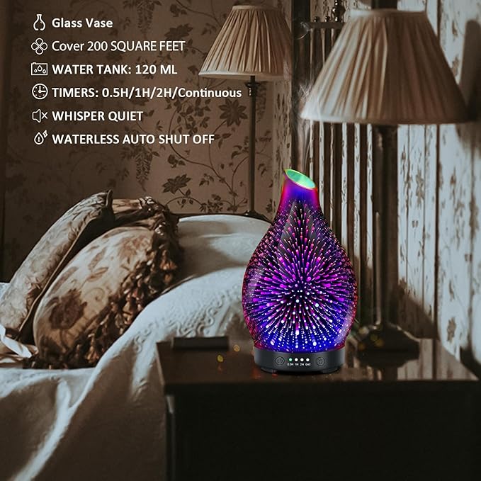 Essential Oil Diffuser 120ML -3D Firework Glass Aromatherapy Diffusers for Essential Oils with 4 Timer Setting Auto Shut-Off Silent Operation 7 Colors Lights Changing for Room, Office, Yoga - Bloomnest