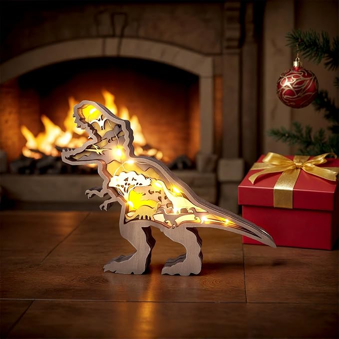 3D Wood Carving Animals Lamp Home Decorative, Cute Bear Family Elephant Presents Ideas Christmas Living Room Office Decor Warm LED Night Lights Gift for Friend Daughter Son Mom Dad (Tyrannosaurus) - Bloomnest